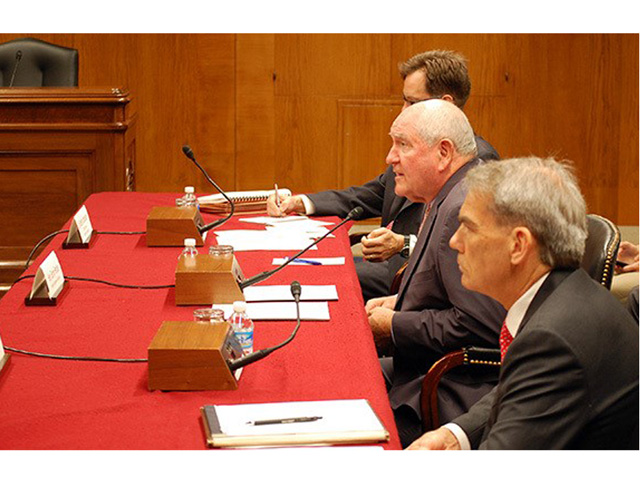 From left, USDA Budget Director and Acting Deputy Secretary Michael Young, Agriculture Secretary Sonny Perdue and USDA Chief Economist Robert Johansson at Tuesday&#039;s Senate Agriculture Appropriations Subcommittee hearing. (Photo by Zachary Silver)